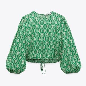 Zara The Ava Top Green Balloon Sleeve Shirt Blouse Small